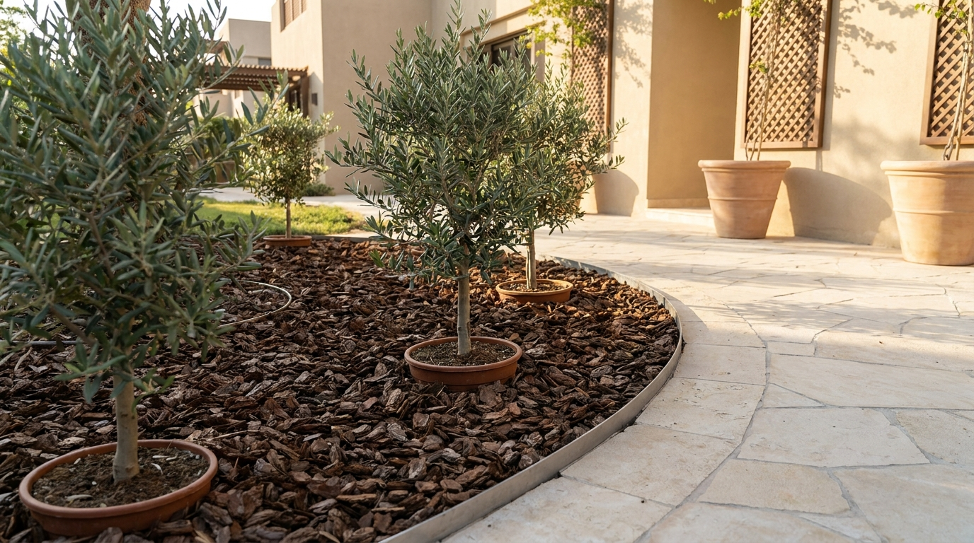 Freshly mulched garden bed with pine bark around young olive trees