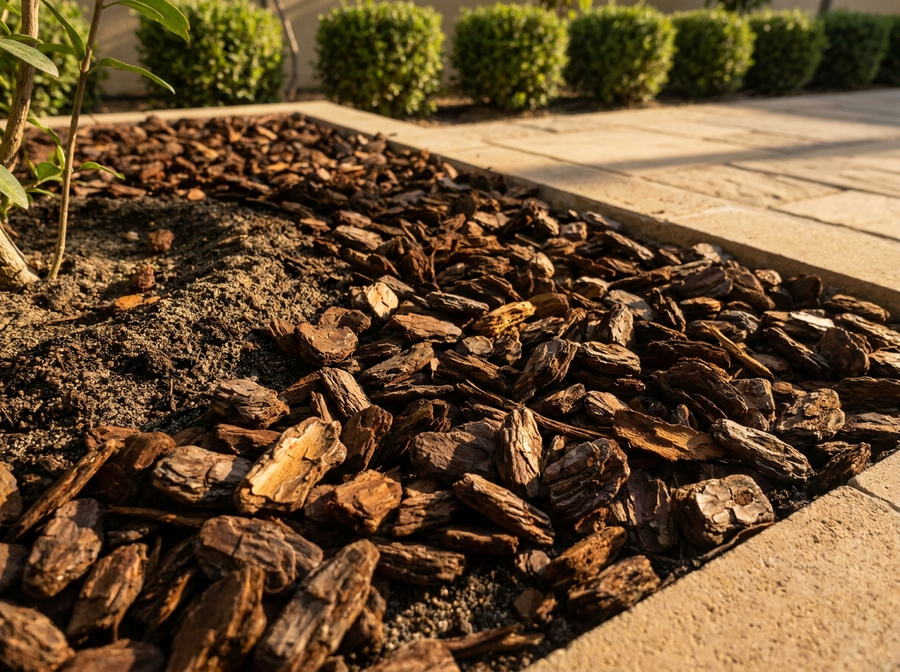 Pine bark mulch close-up in landscaped villa garden bed