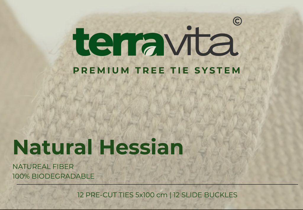 Terravita Premium Tree Tie System — Natural Hessian pack, 12 pre-cut ties 5x100 cm with 12 slide buckles