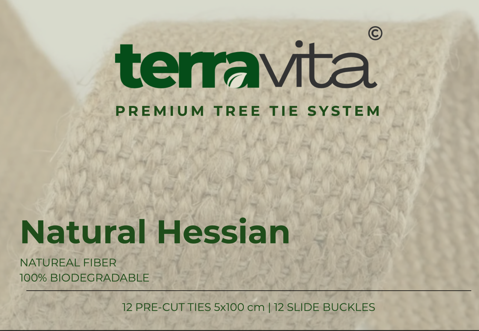 Terravita Premium Tree Tie System — Natural Hessian pack, 12 pre-cut ties 5x100 cm with 12 slide buckles