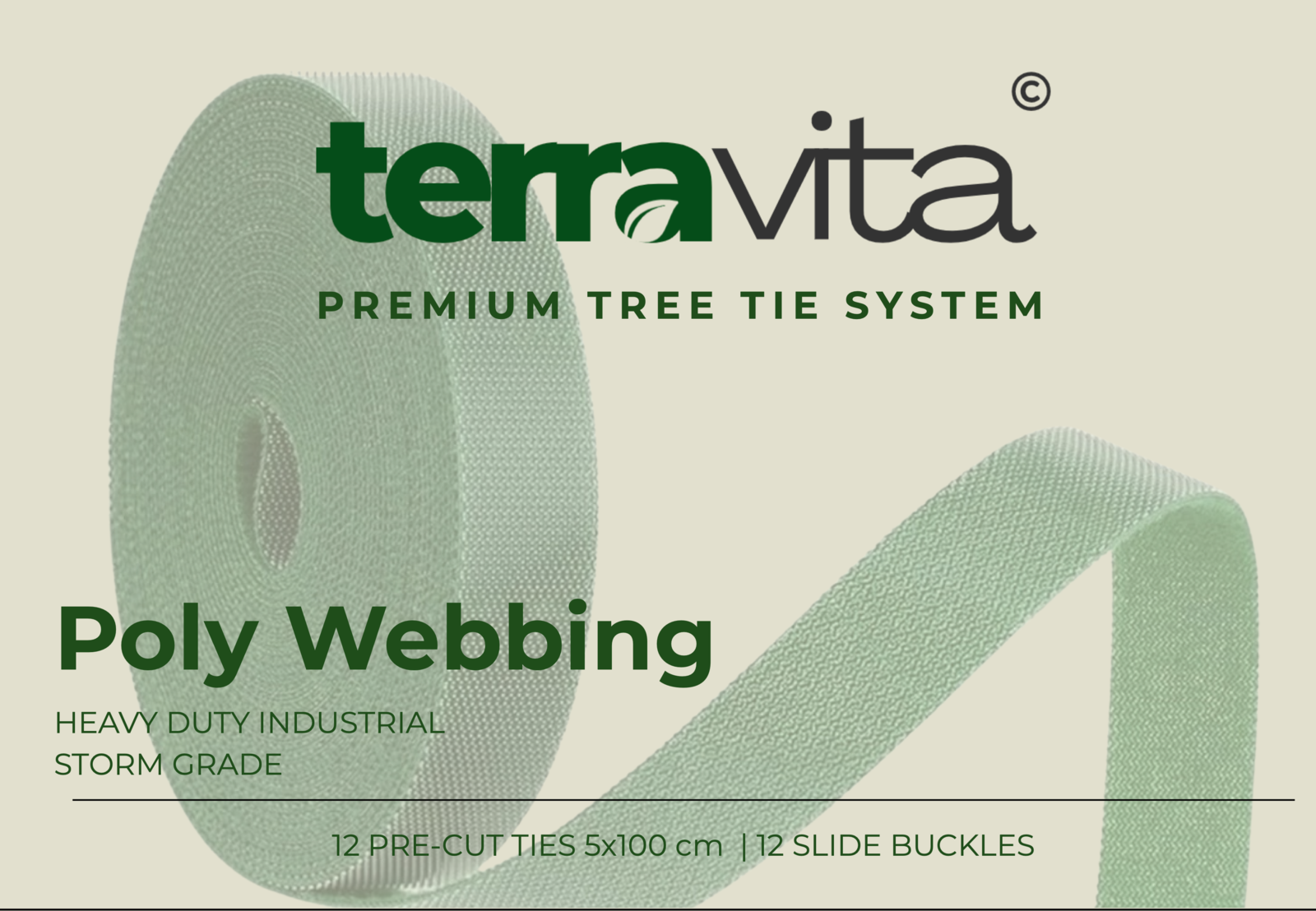 Terravita Premium Tree Tie System — Poly Webbing pack, heavy duty storm grade